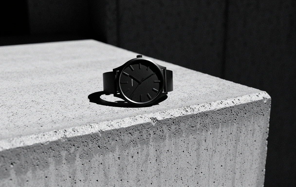 Detail of a minimalist black timepiece